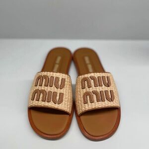 Miu Miu Tan and Beige Woven Logo Slide Sandals